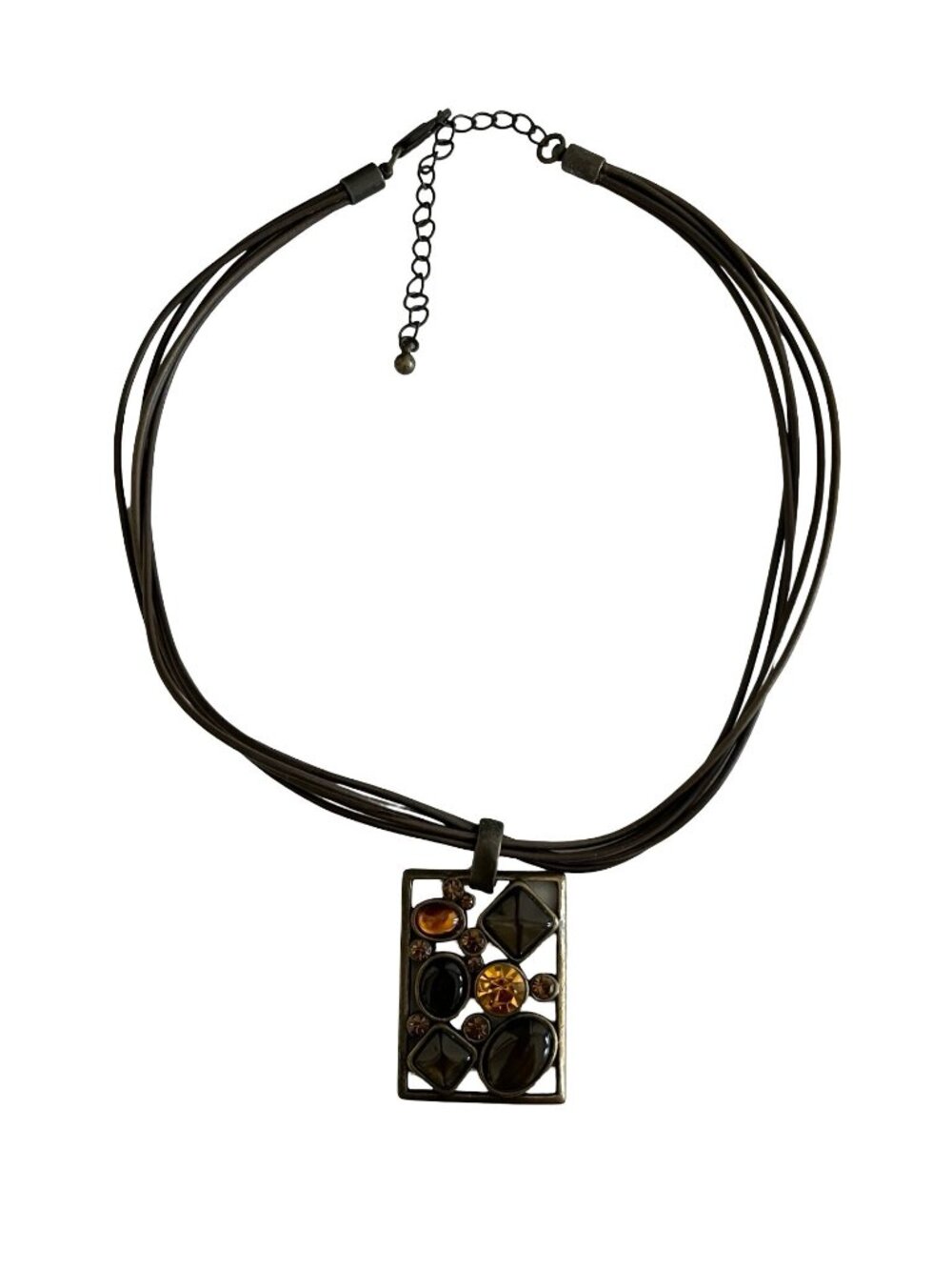 Vintage Park Lane Necklace Multi Strand Brown Cord Geometric Pendant Amber Rhine